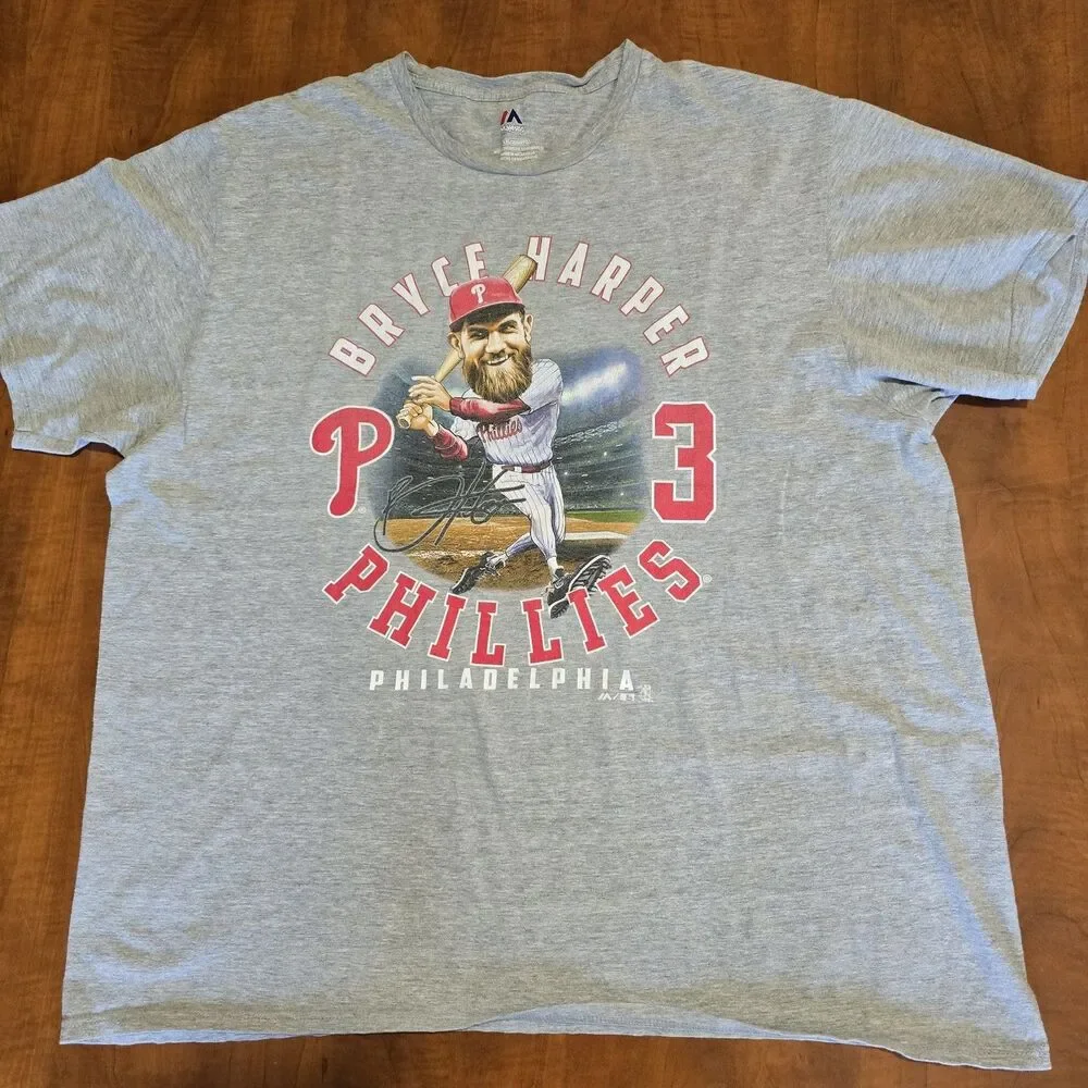 Majestic MLB Mens Philadelphia Phillies Bryce Harper SS Big Head Graphic Tee 2XL